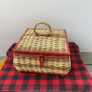 VTG Woven Wicker Plastic and Wood Sewing Basket Red and Beige with Red Silk
